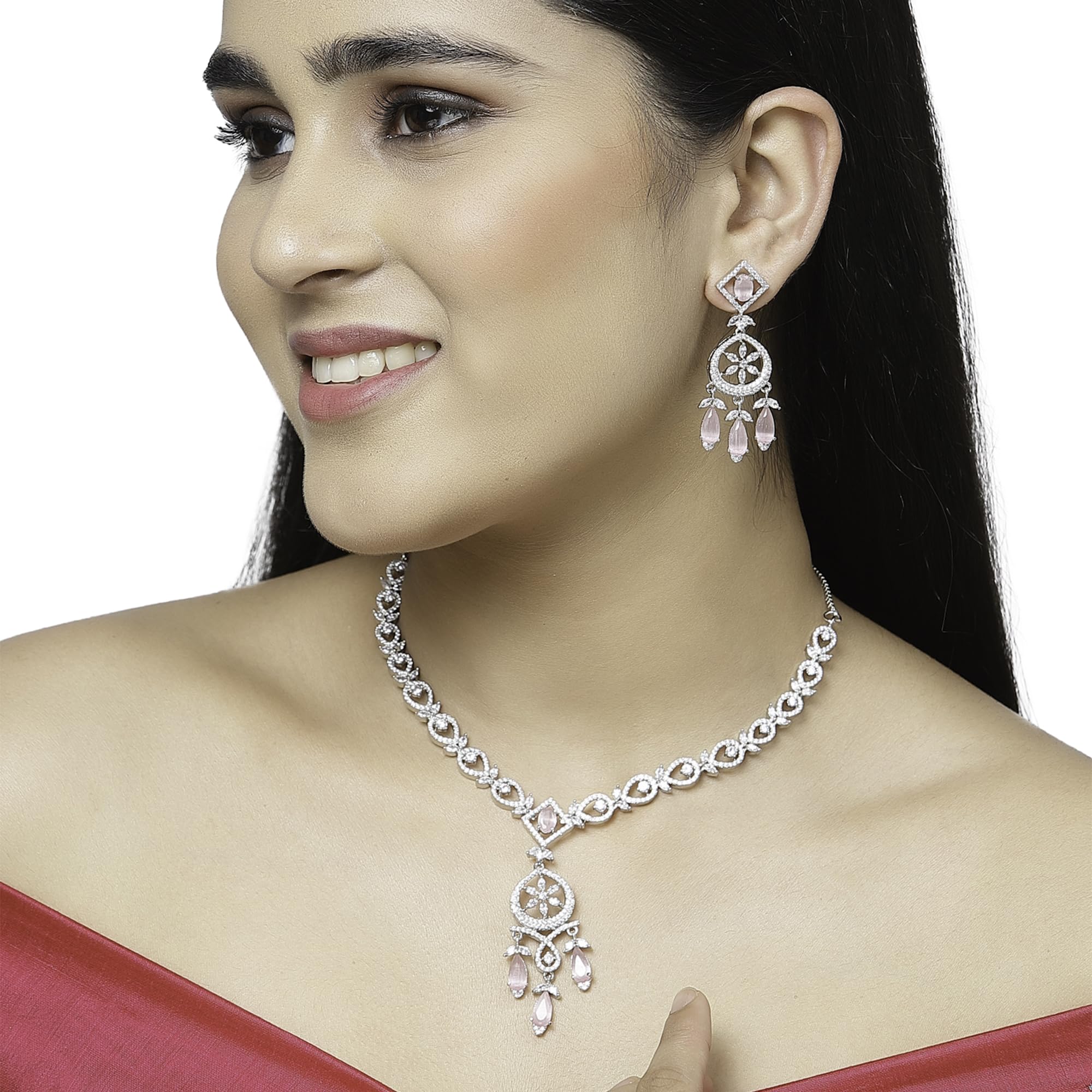 Rhodium-Plated Teardrops American Diamonds Necklace Set